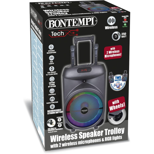 CASSA AMPLIF. WIRELESS DINAMICO TROLLEY 2 MICROFONI