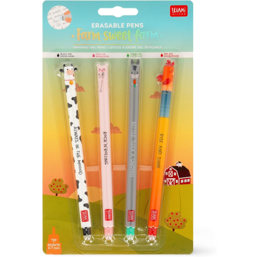 SET OF 04 ERASABLE GEL PENS- COW-PIGGY-DONKEY-ROOSTER