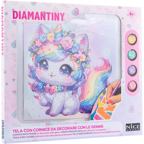 NICE - DIAMANTINY KAWAAII QUADRETTO UNICORN CON COLLANA E GHIRLANDA DI FIORI