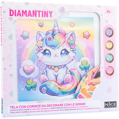 NICE - DIAMANTINY KAWAAII QUADRETTO UNICORN CON COLLANA, CUORI E STELLE